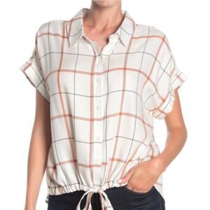 Sanctuary Borrego Windowpane Short Sleeve  Button Up Tie Waist Shirt NWT S Rayon